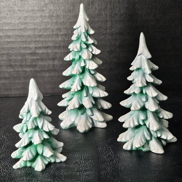 Department 56 Village Cold Cast Porcelain Snowy Evergreen Tree 3 Pc Set Mint NIB - Picture 1 of 12